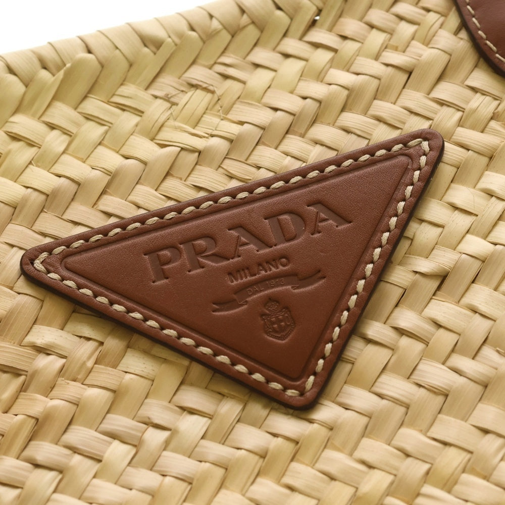 PRADA(プラダ) トライアングルロゴ レザーパッチ ラフィア カゴバッグ ベージュ/ブラウン 1BG314