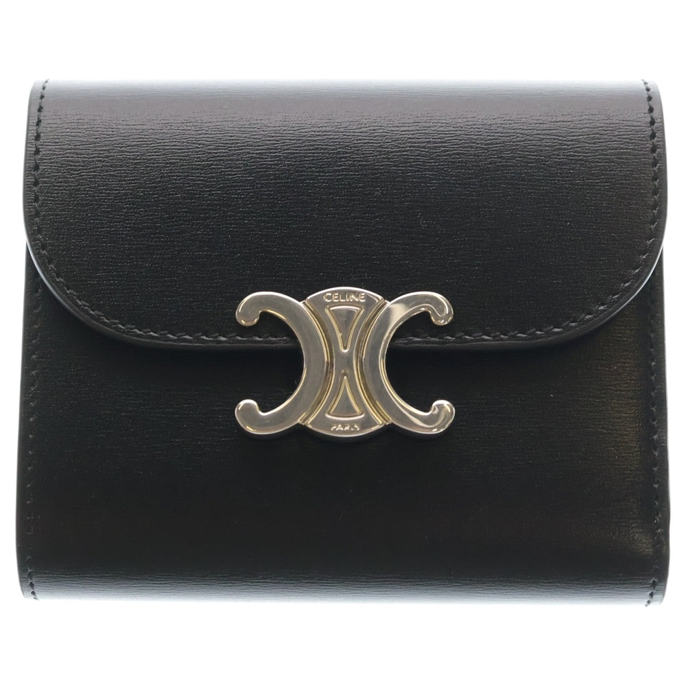 CELINE(セリーヌ) トリオンフ レザーコンパクトウォレット 三つ折り財布 ブラック SV金具 レディース