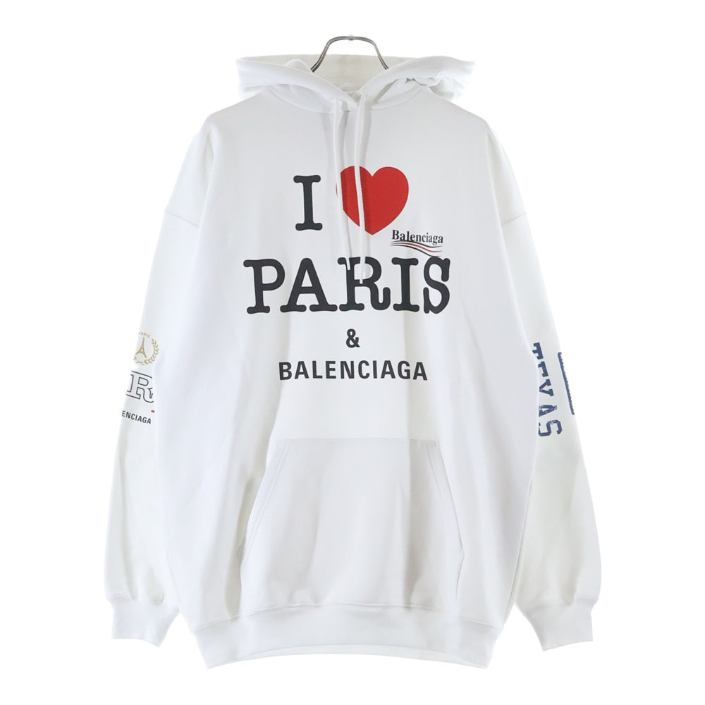 BALENCIAGA(バレンシアガ) 21AW I LOVE PARIS & BALENCIAGA ロゴプリント コットン プルオーバースウェットパーカー フーディ ホワイト 578135 TSVY8