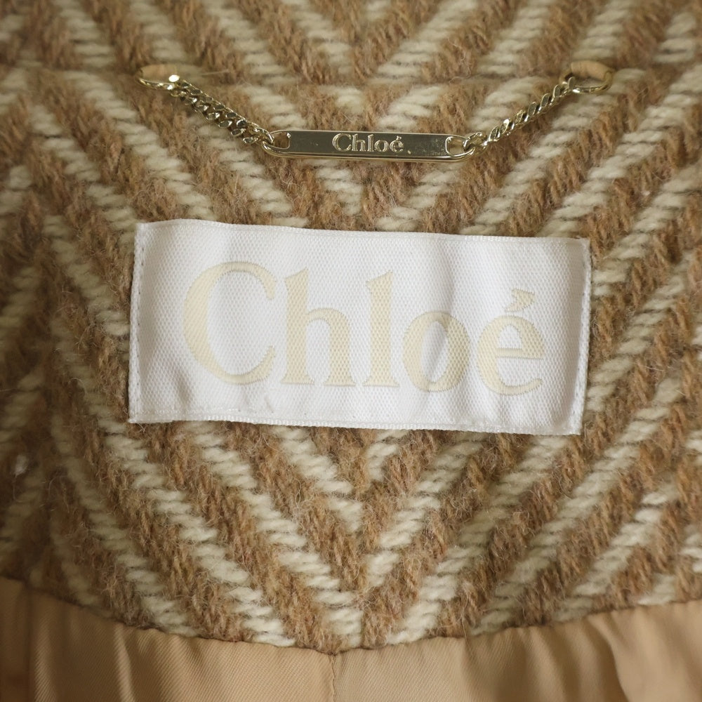 Chloe(クロエ) ヘリンボーン総柄ウールハーフコート キャメル レディース