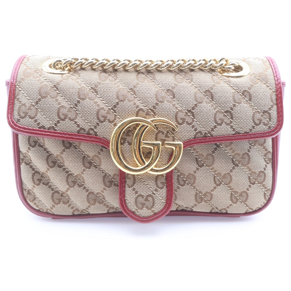 GUCCI(グッチ) GGマーモント チェーンショルダーバッグ ハンドバッグ レッド×ベージュ キャンバス×レザー 446744 ゴールド金具 レディース