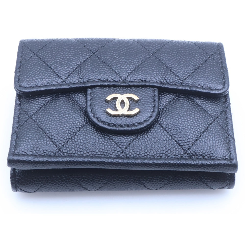 CHANEL(シャネル) マトラッセ ココマーク キャビアスキン レザーコンパクトウォレット 三つ折り財布 GD金具 ブラック レディース