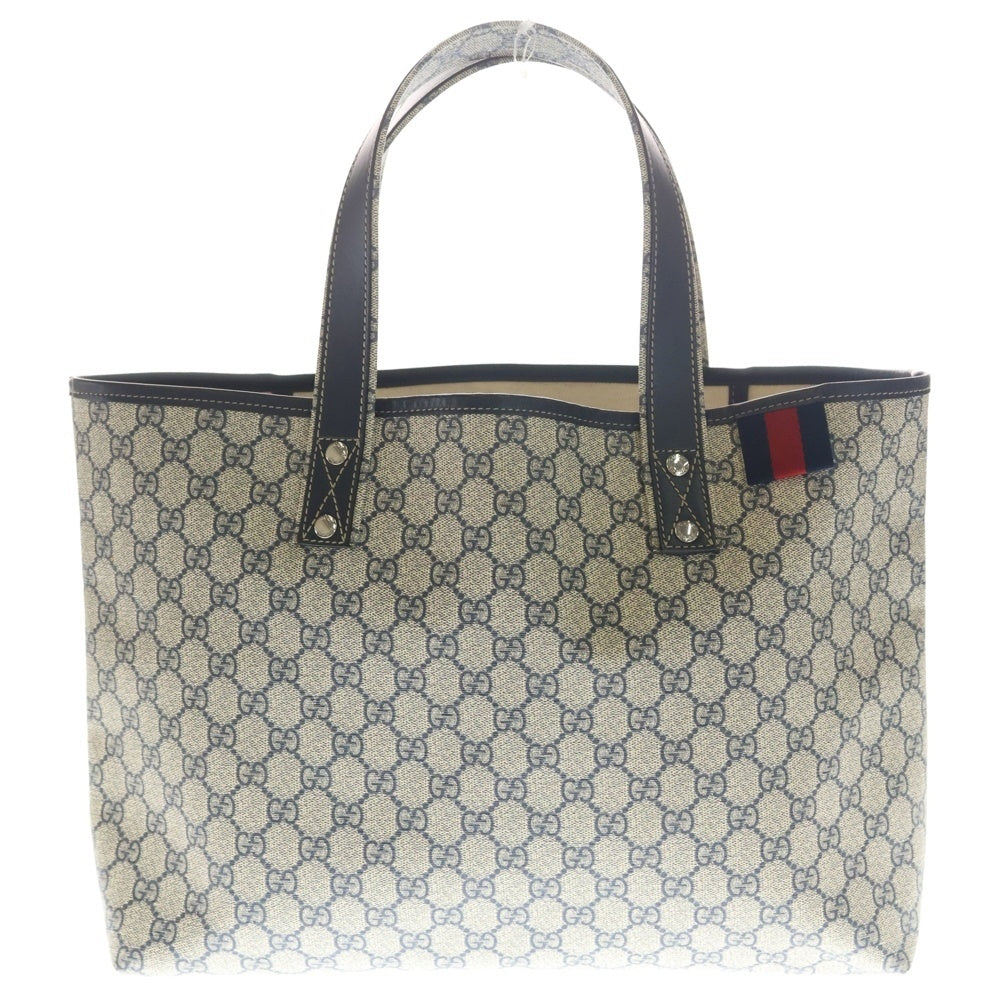 GUCCI(グッチ) GGスプリーム トートバッグ ハンドバッグ ベージュ×ネイビー レザー×PVC 211134 シルバー金具 レディース