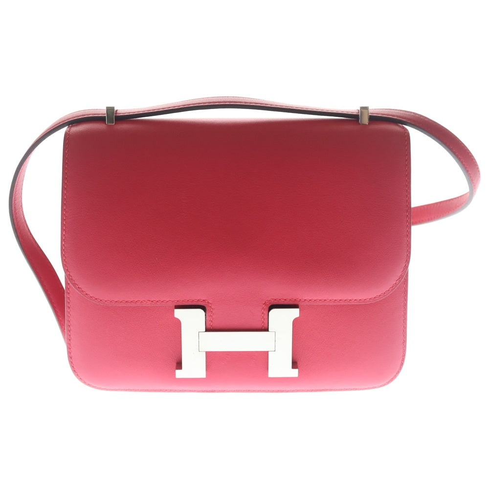 HERMES(エルメス) コンスタンスミニ Hロゴ ボックスカーフ レザー ショルダーバッグ シルバー金具 ピンク C刻印 レディース