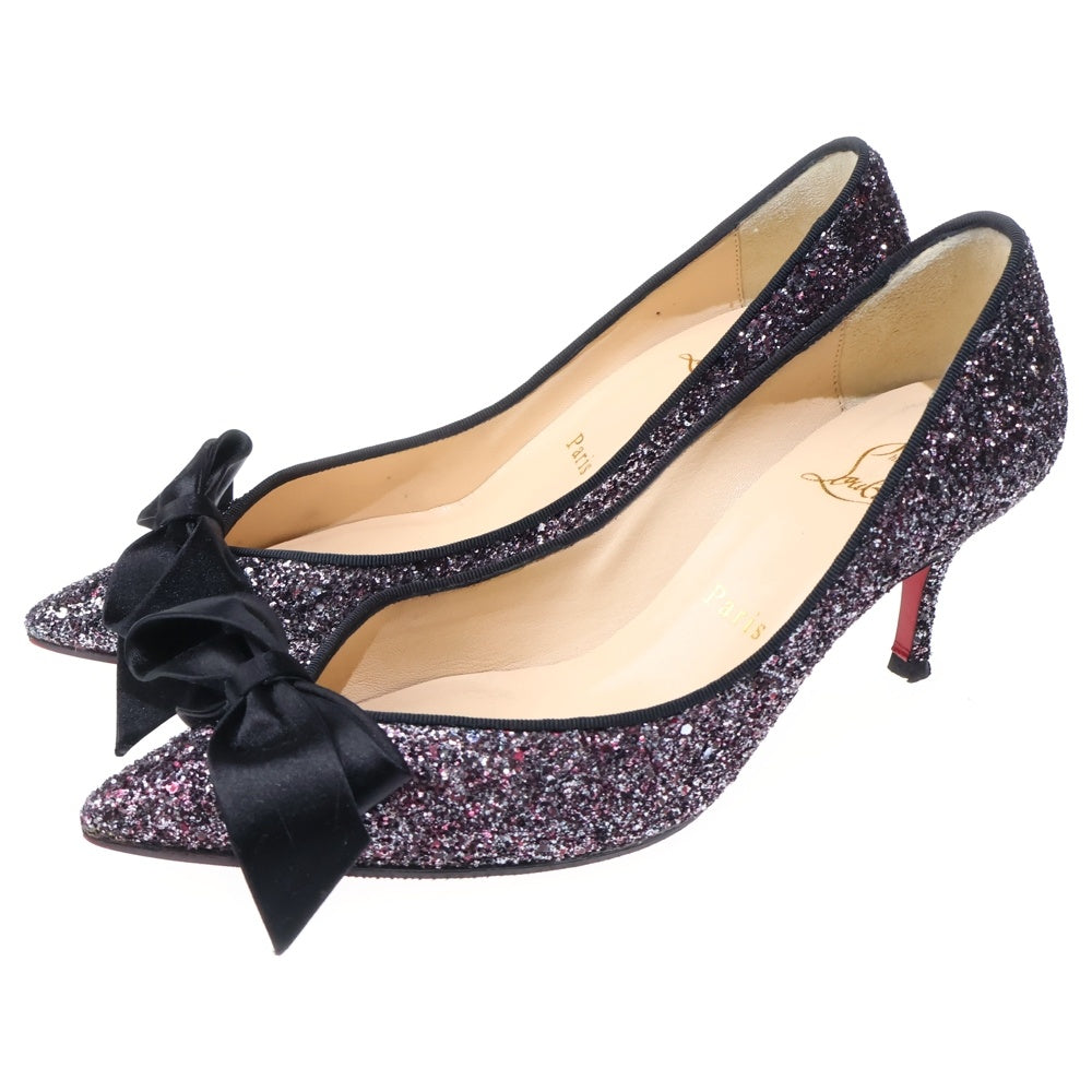 CHRISTIAN LOUBOUTIN(クリスチャンルブタン) ラメグリッター リボン ヒール パンプス シューズ ブラック/ピンク レディース