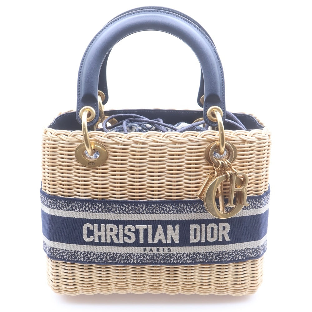 Christian Dior(クリスチャンディオール) レディディオール ウィッカー ミディアム 2WAY ハンドバッグ ショルダーバッグ ベージュ×ネイビー ラフィア レディース