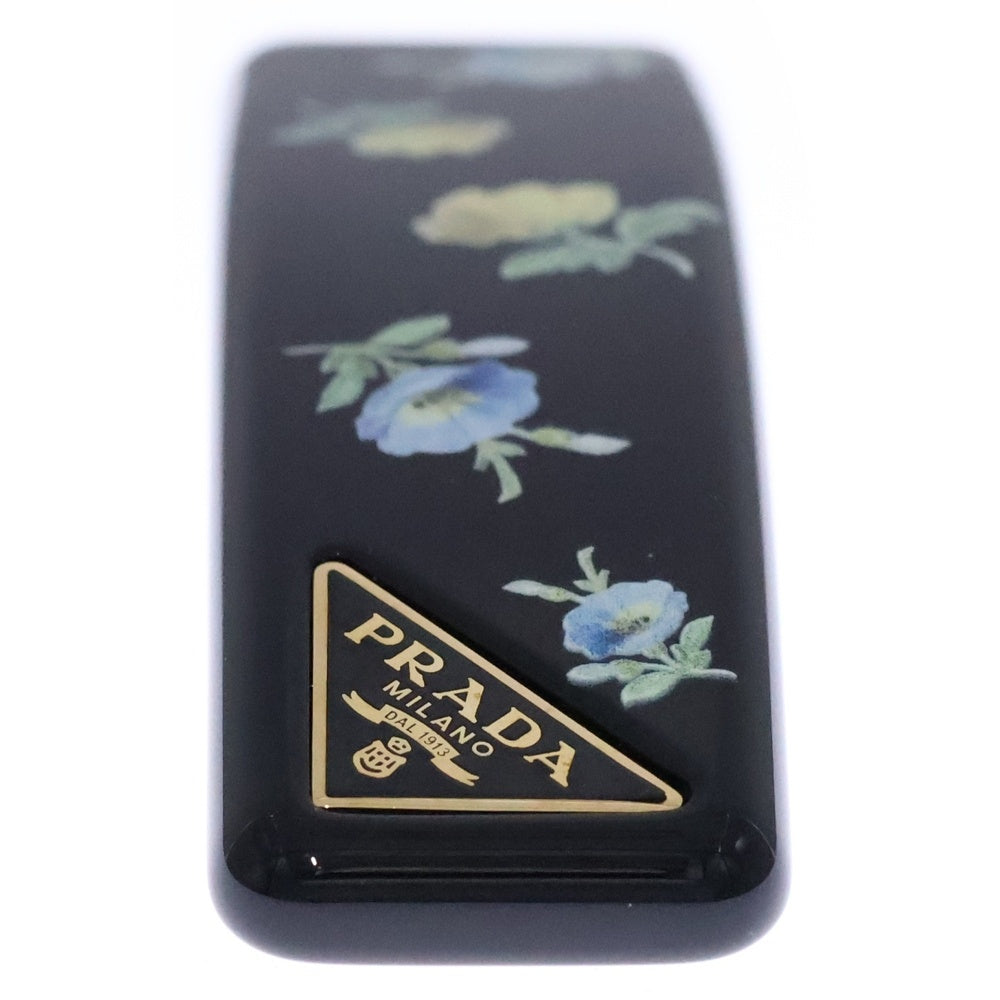 PRADA(プラダ) 花柄 フラワー バレッタ ヘアクリップ ブラック ゴールド金具 レディース