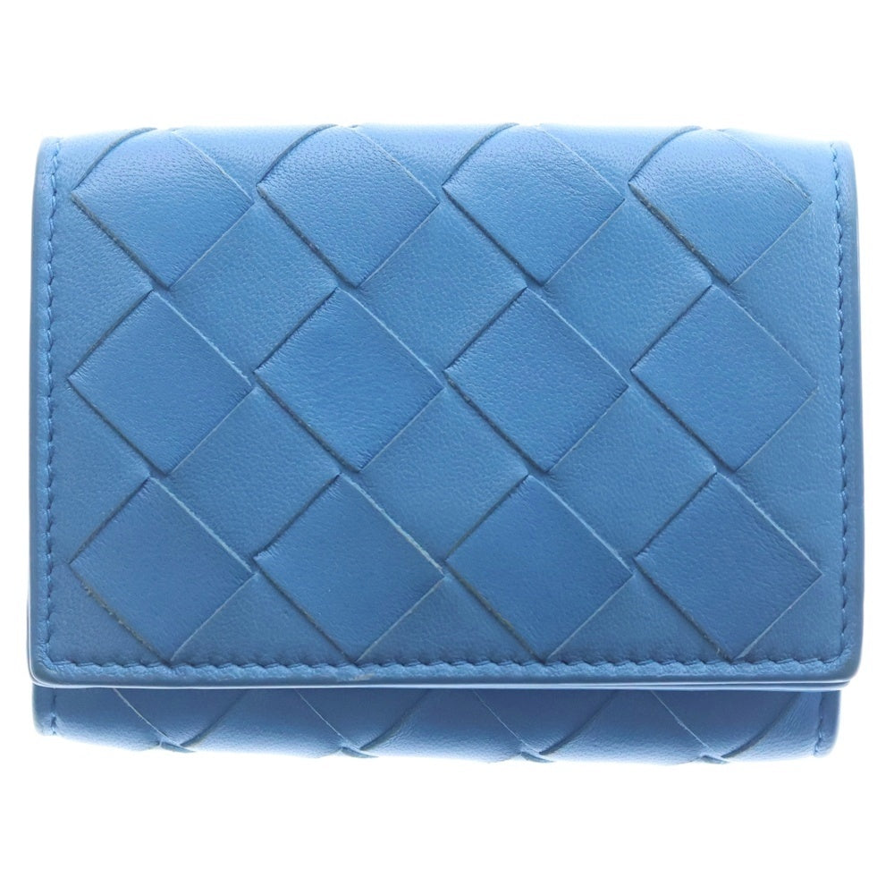 BOTTEGA VENETA(ボッテガヴェネタ) イントレチャート コンパクトウォレット 三つ折り財布 コインケース ブルー レザー シルバー金具 レディース