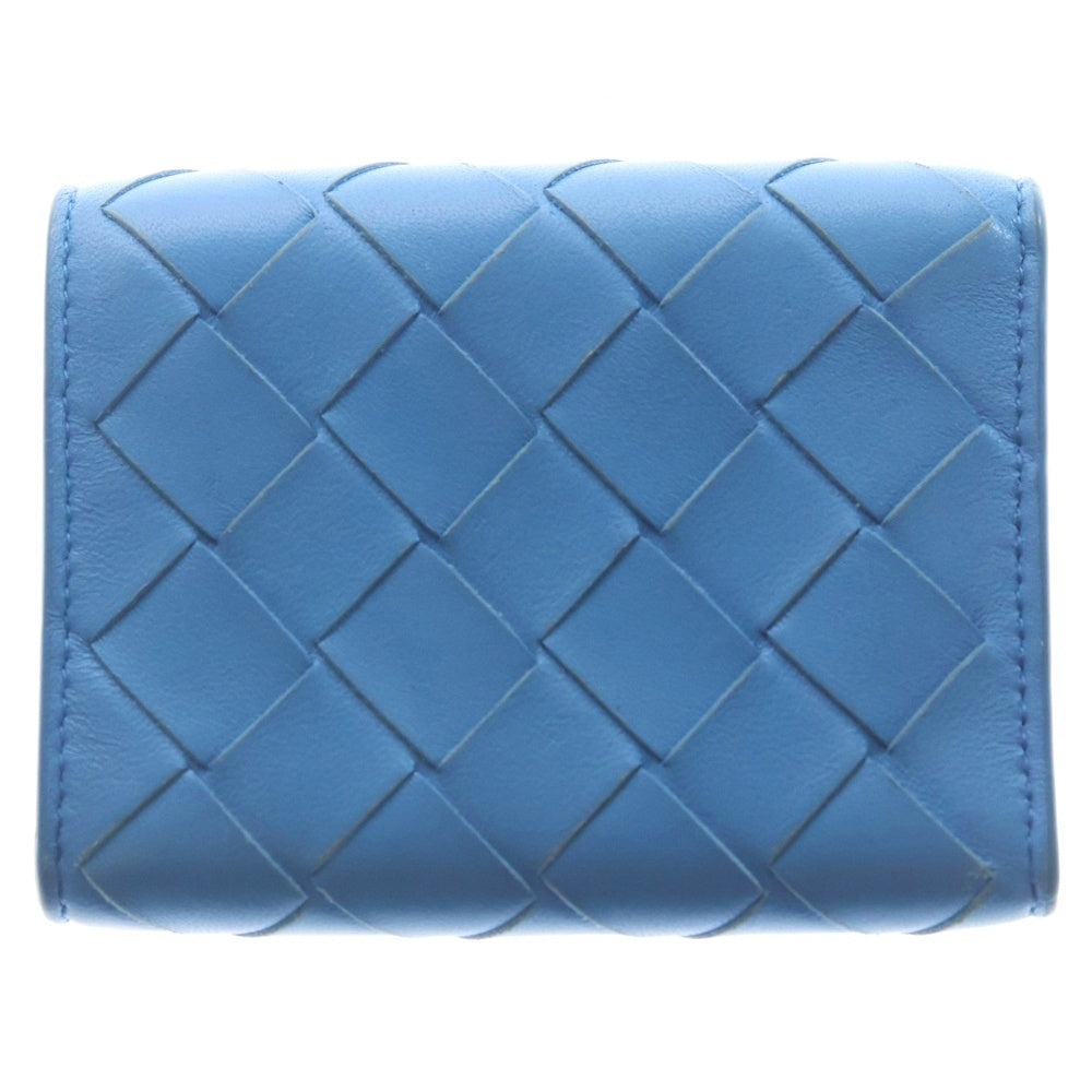 BOTTEGA VENETA(ボッテガヴェネタ) イントレチャート コンパクトウォレット 三つ折り財布 コインケース ブルー レザー シルバー金具 レディース
