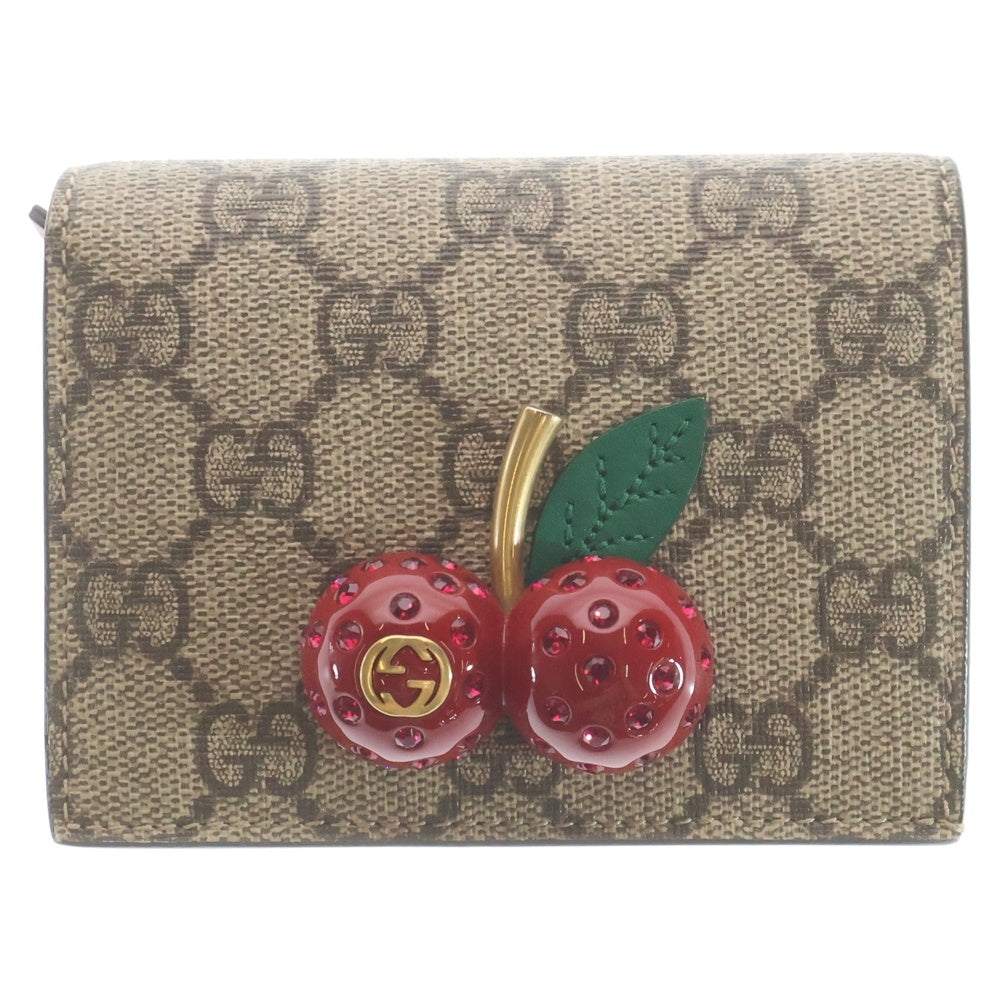 GUCCI(グッチ) GGスプリーム チェリー コンパクトウォレット 二つ折り財布 ベージュ/レッド 476050 レディース