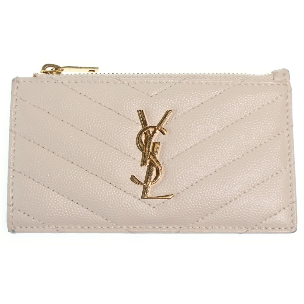 SAINT LAURENT PARIS(サンローランパリ) カサンドラ フラグメントケース カードケース 小物入れ ホワイト レザー ゴールド金具 レディース
