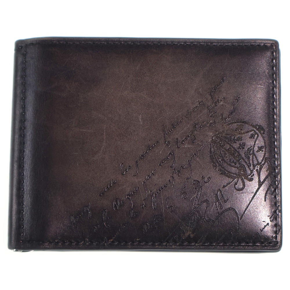 Berluti(ベルルッティ) カリグラフィー 二つ折り財布 コンパクトウォレット コインケース ブラック レザー シルバー金具
