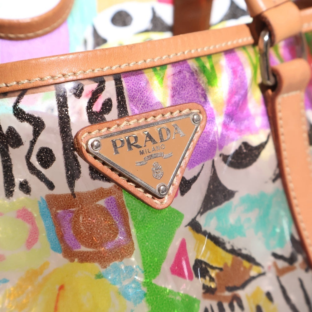 PRADA(プラダ) ビニール トートバッグ ハンドバッグ マルチカラー×ブラウン クリア×レザー シルバー金具 レディース