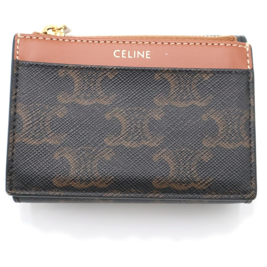 CELINE(セリーヌ) トリオンフ 三つ折り財布 コンパクトウォレット コインケース ブラウン PVCレザー ゴールド金具 レディース