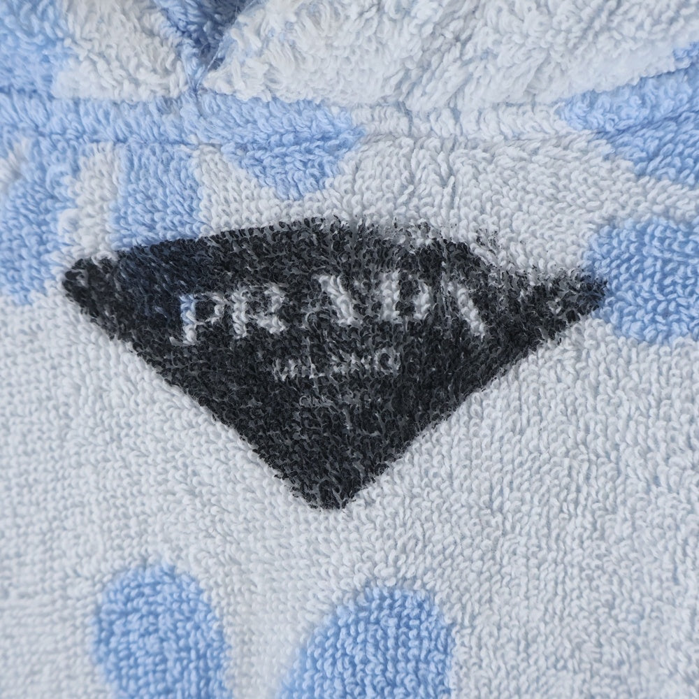 PRADA(プラダ) 22SS トライアングルロゴプレート フラワー総柄 パイルジャガード テリークロス プルオーバーパーカー フーディー ライトブルー UJL09A
