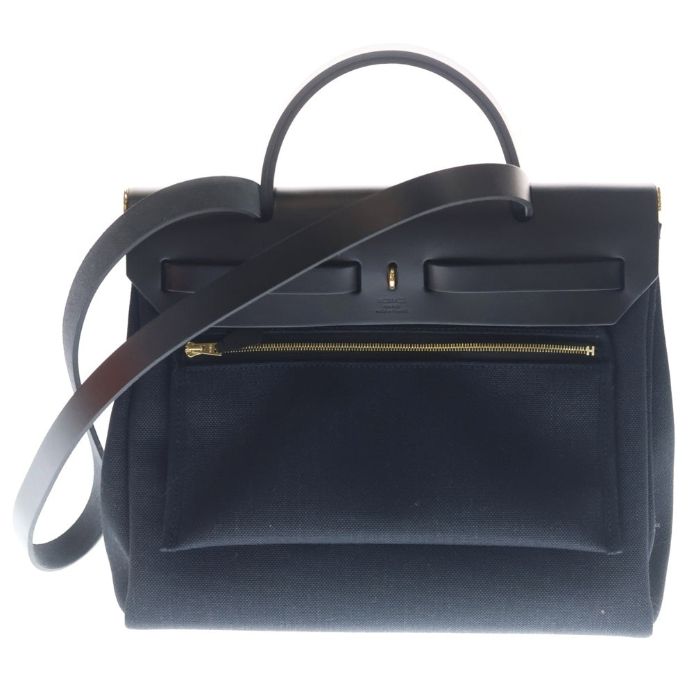 HERMES(エルメス) エールバッグジップ PM トワルアッシュ ボックスカーフ キャンバス レザー 2WAY ハンド ショルダーバッグ ゴールド金具 ブラック B刻印 レディース