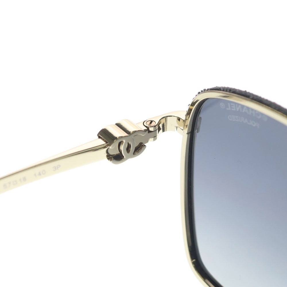 CHANEL(シャネル) キャッツアイシェイプ サングラス ゴールドフレーム ブラックレンズ カーフスキン×デニム 57□18 4289-Q レディース