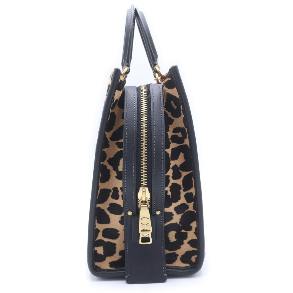 COACH(コーチ) レオパード柄2WAYハンドバッグ トートバッグ ショルダーバッグ ベージュ×ブラック ハラコ×レザー CN980 ゴールド金具 レディース