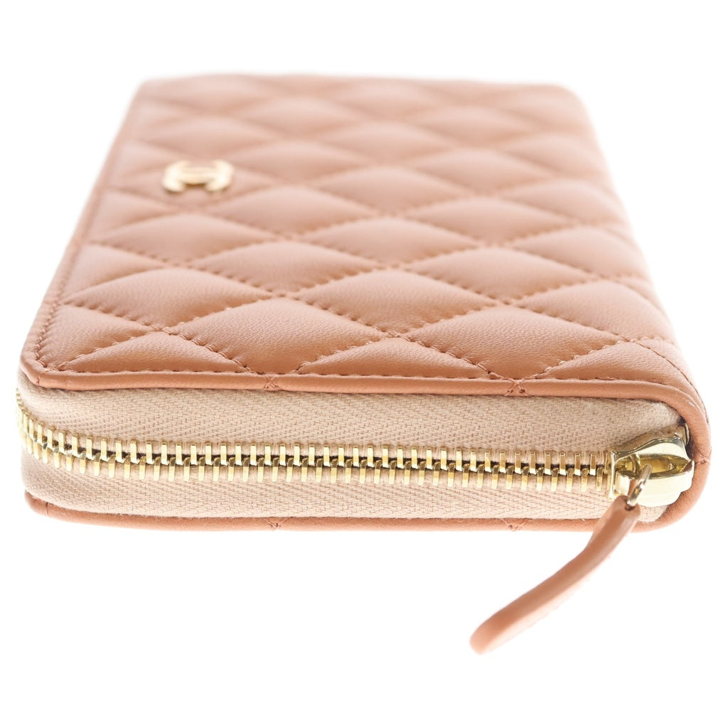 CHANEL(シャネル) マトラッセ ラウンドファスナー長財布 ロングウォレット カードケース サーモンピンク オレンジ ラムスキン ゴールド金具 レディース