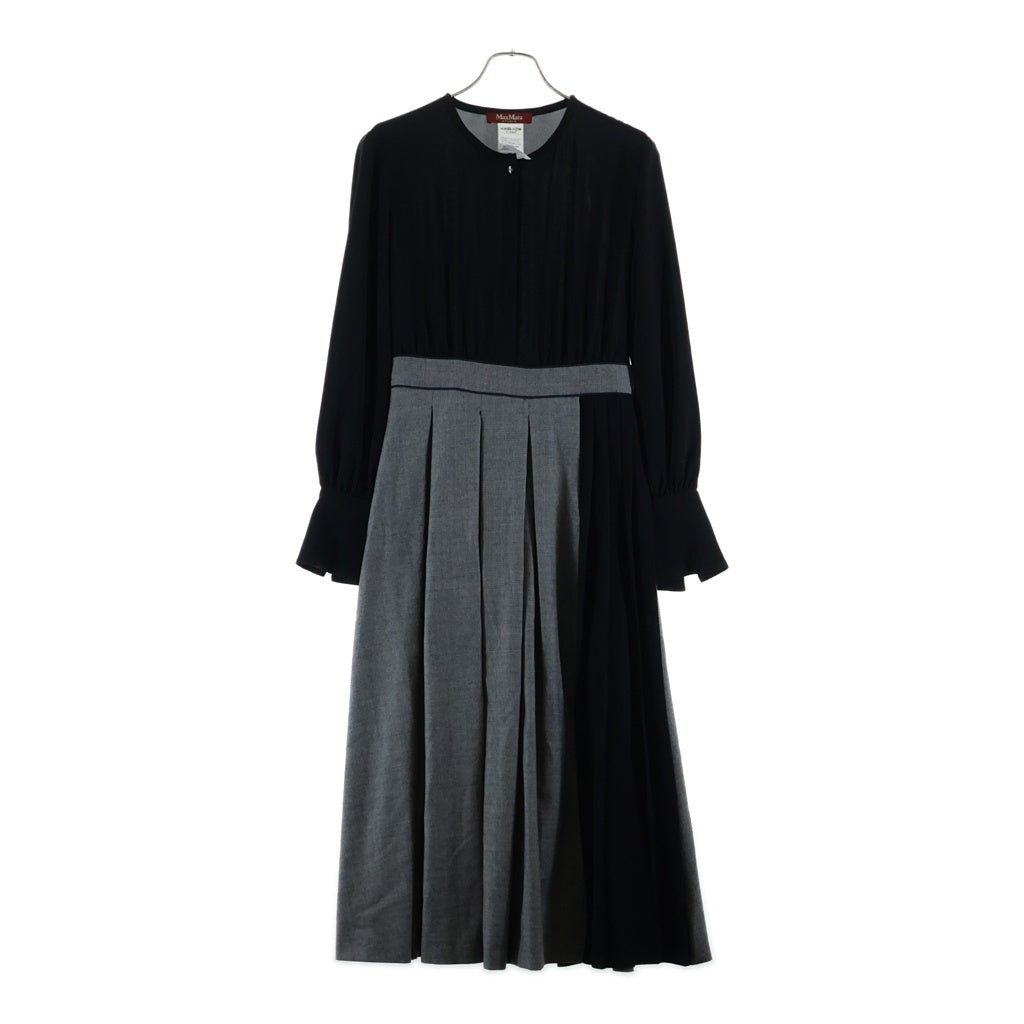 Max Mara(マックスマーラ) ウール切り替え 長袖 タック フレア ワンピース ブラック/グレー レディース 622602036