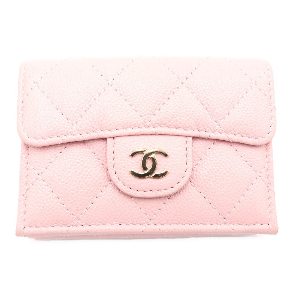 CHANEL(シャネル) マトラッセ 三つ折り財布 コンパクトウォレット コインケース ミニ財布 ピンク キャビアスキン ゴールド金具 レディース
