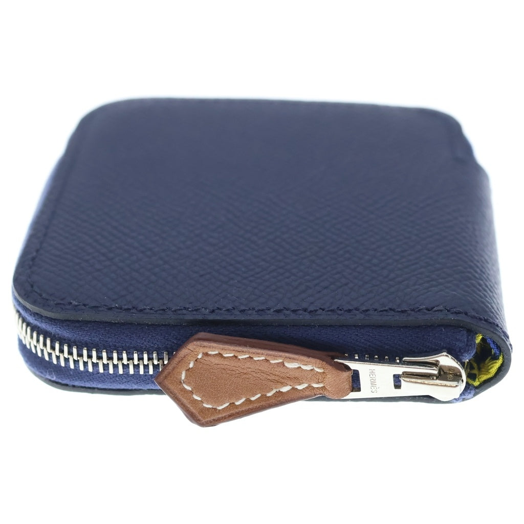 HERMES(エルメス) アザップ コンパクト シルクイン ミニ財布 コインケース ブルー/イエロー ネイビー レザー A刻印 シルバー金具 レディース