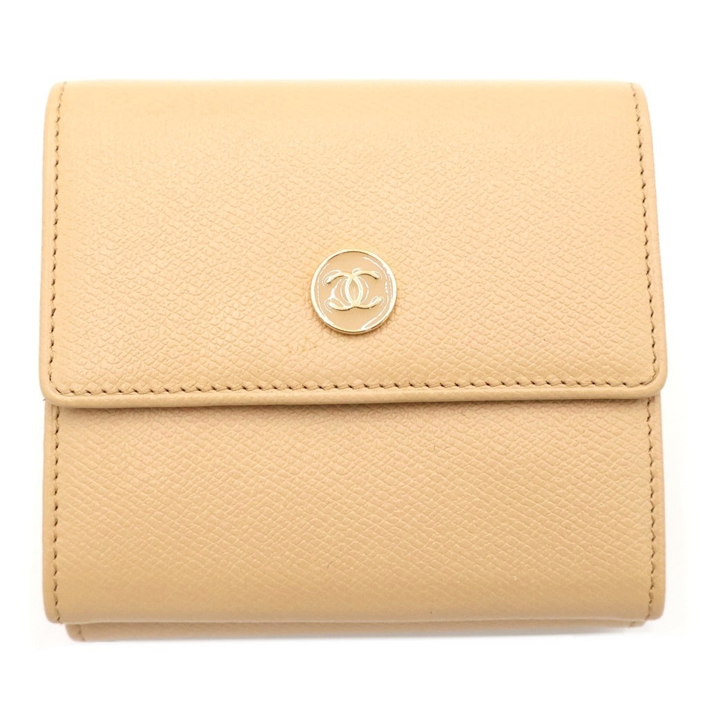 CHANEL(シャネル) ココボタン 三つ折り財布 コンパクトウォレット コインケース アイボリー ベージュ レザー ゴールド金具 レディース