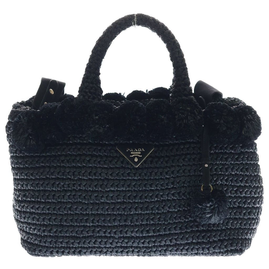 PRADA(プラダ) ラフィア ポンポン 2WAYハンドバッグ ショルダーバッグ ブラック 1BG889 レディース