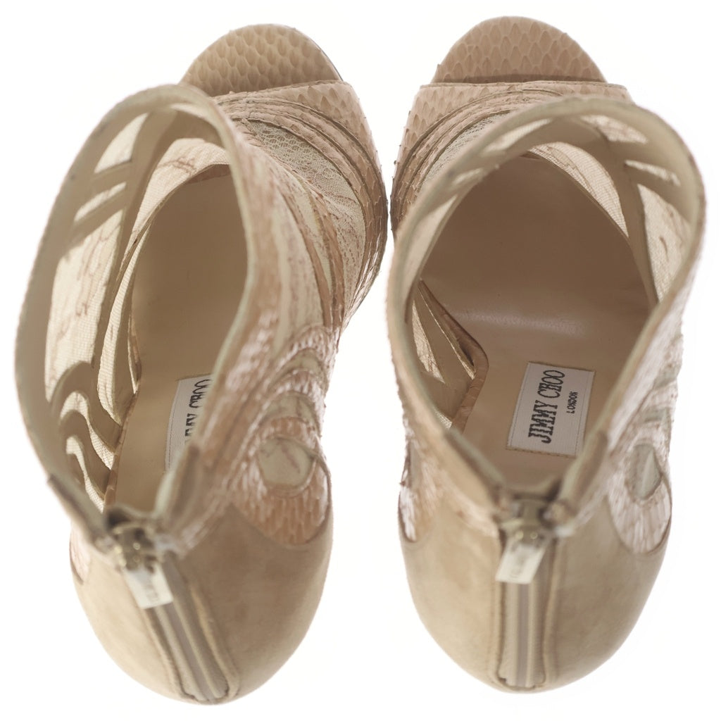 JIMMY CHOO(ジミーチュウ) パイソンレザー レース オープントゥ ヒール サンダル シューズ ベージュ レディース