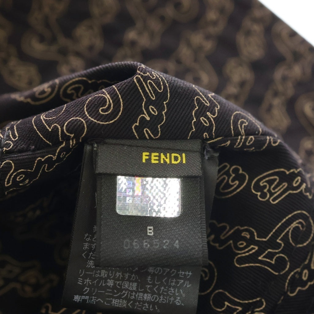 FENDI(フェンディ) 裏地ロゴ総柄プリント ナイロン バケットハット 帽子 ブラック/ブラウン レディース