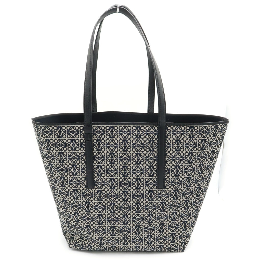 LOEWE(ロエベ) リピートアナグラム キャンバス ジャガード レザー トートバッグ ブラック/ネイビー レディース
