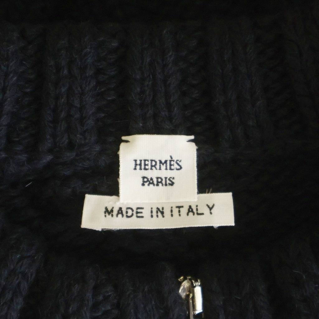 HERMES(エルメス) カシミヤ モヘア混 ウール ケーブルニット ジップアップ クルーネック カーディガン ネイビー レディース