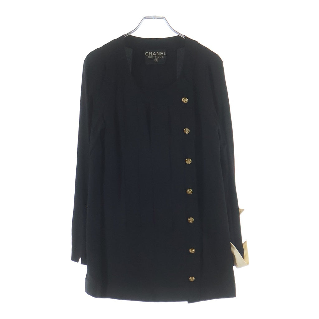 CHANEL(シャネル) プリーツデザイン ノーカラー 長袖シャツ ブラウス ブラック レディース