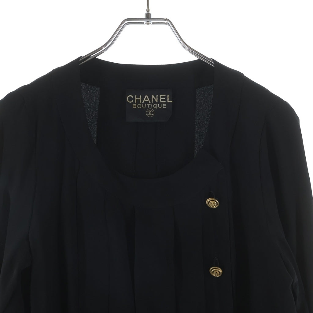 CHANEL(シャネル) プリーツデザイン ノーカラー 長袖シャツ ブラウス ブラック レディース