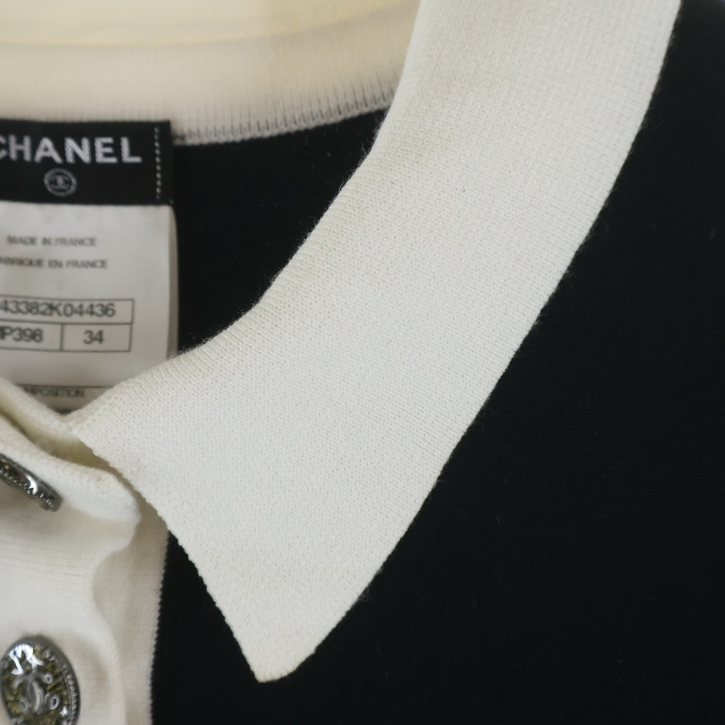 CHANEL(シャネル) ココマークボタン ダメージ加工 バイカラー レーヨン混 ニット 半袖 ワンピース ブラック/ホワイト レディース P43382K04436