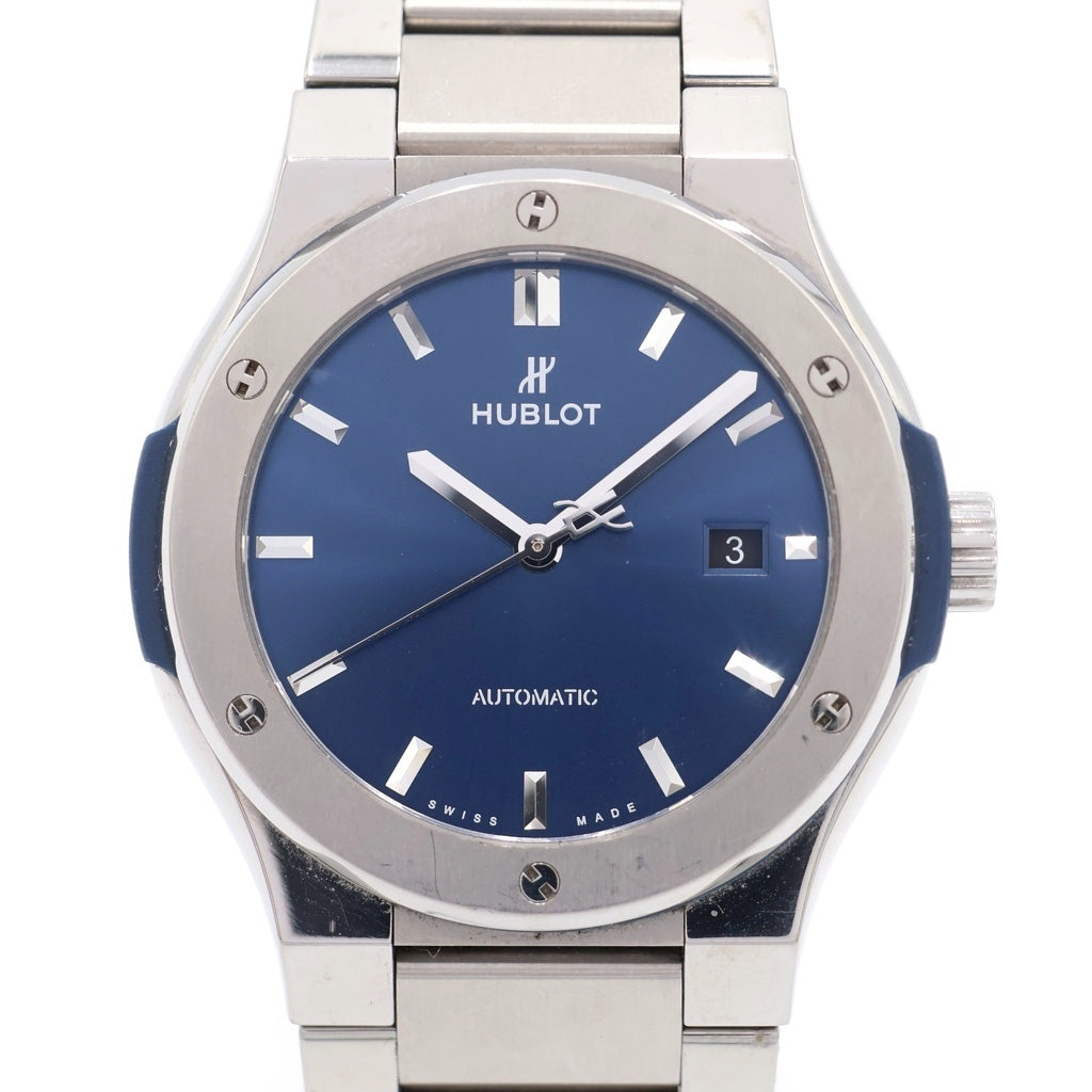 HUBLOT(ウブロ) クラシックフュージョン 青文字盤 チタニウム 自動巻き 腕時計 シルバー 585.NX.7170.NX