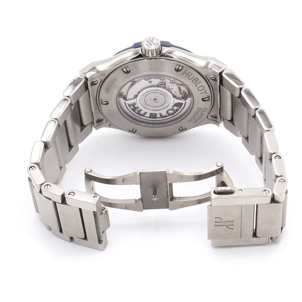 HUBLOT(ウブロ) クラシックフュージョン 青文字盤 チタニウム 自動巻き 腕時計 シルバー 585.NX.7170.NX