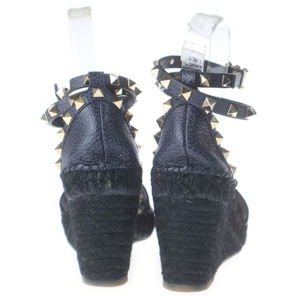 VALENTINO(ヴァレンティノ) ロックスタッズ エスパドリーユ ウェッジソール ヒール レザー ストラップ サンダル シューズ ネイビー レディース