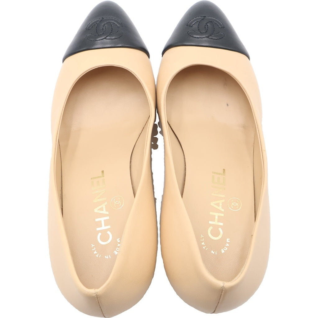 CHANEL(シャネル) ココマーク バイカラー レザー ヒール パンプス シューズ ベージュ/ブラック レディース