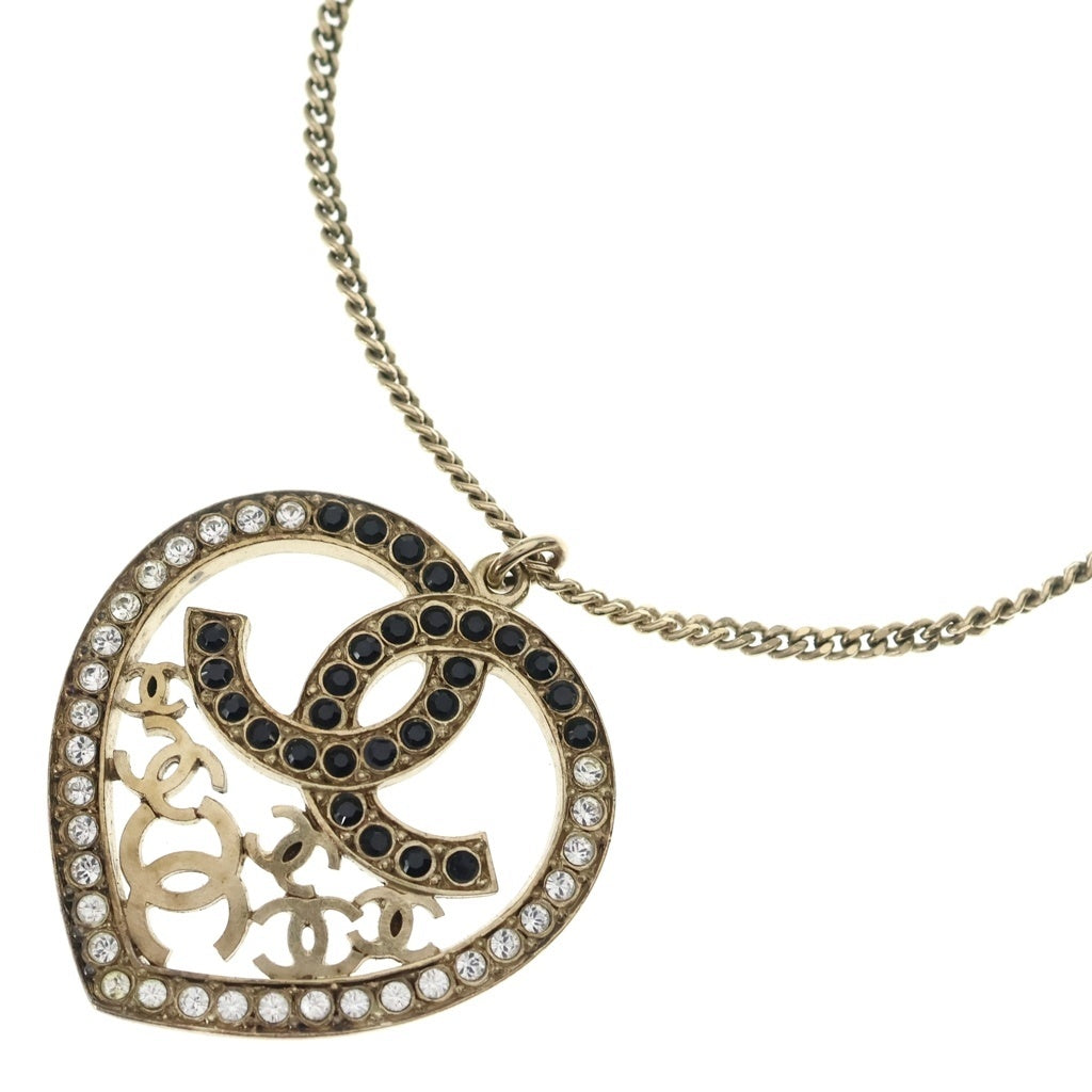 CHANEL(シャネル) ココマーク ラインストーン ハート ネックレス ペンダント チェーン ゴールド×ブラック GP レディース