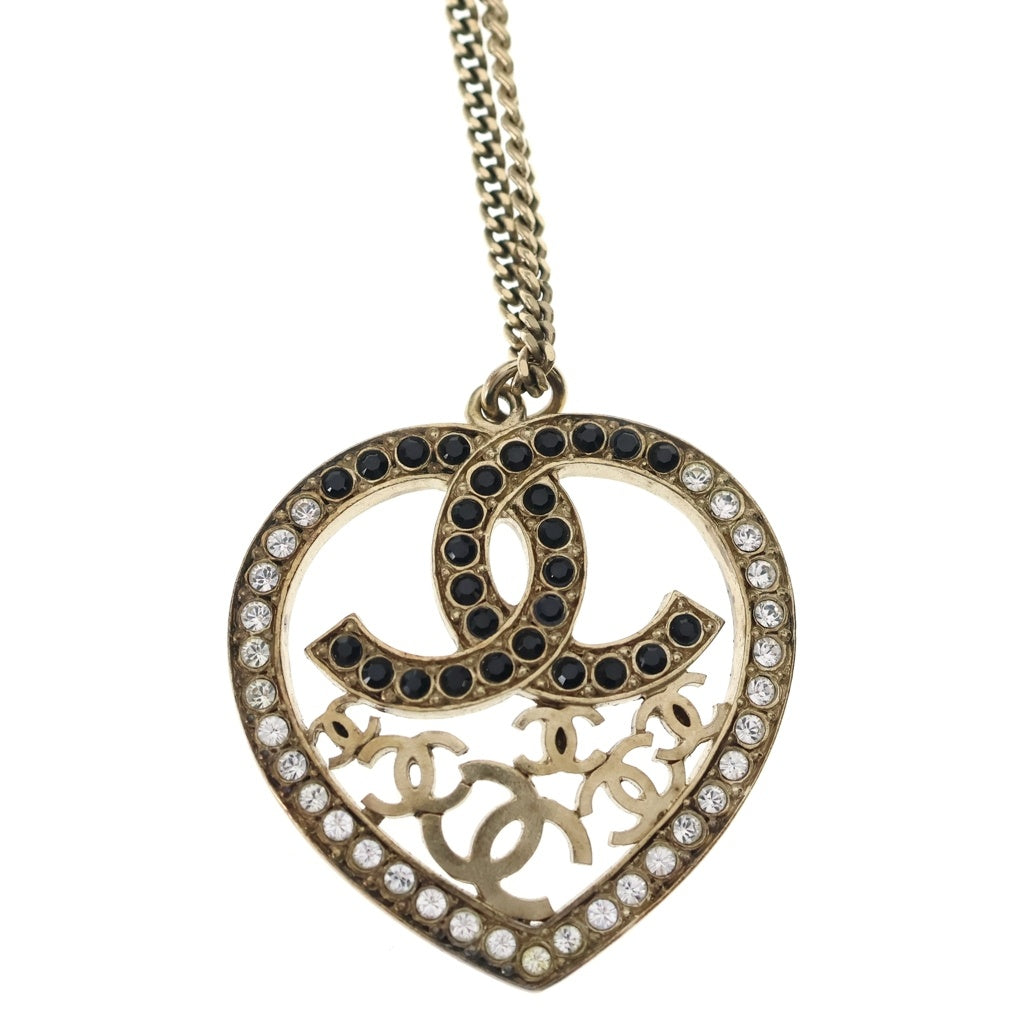 CHANEL(シャネル) ココマーク ラインストーン ハート ネックレス ペンダント チェーン ゴールド×ブラック GP レディース