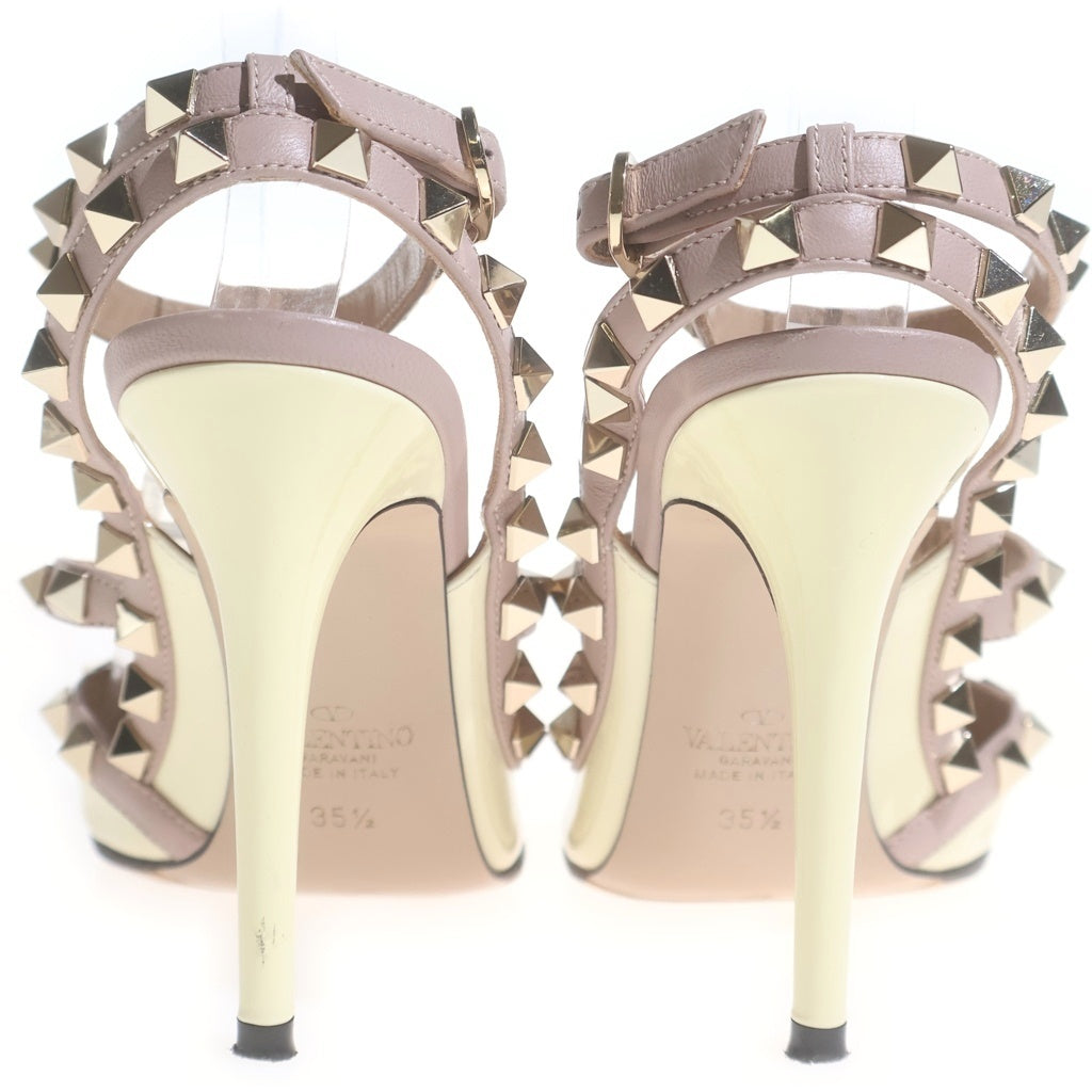 VALENTINO(ヴァレンティノ) ロックスタッズ パテント コンビレザー ヒール ポインテッドトゥ ストラップ パンプス シューズ ピンクベージュ/イエロー レディース