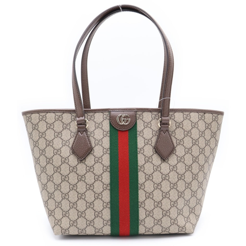 GUCCI(グッチ) オフィディア ダブルG トートバッグ ハンドバッグ ミディアム ブラウン×ベージュ PVC×レザー 836831 ゴールド金具 レディース