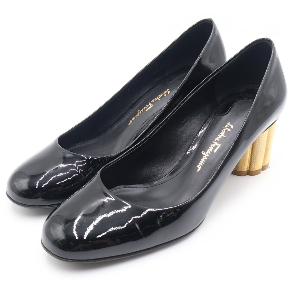 Salvatore Ferragamo(サルヴァトーレ フェラガモ) フラワーヒール パテントレザー パンプス シューズ ブラック レディース
