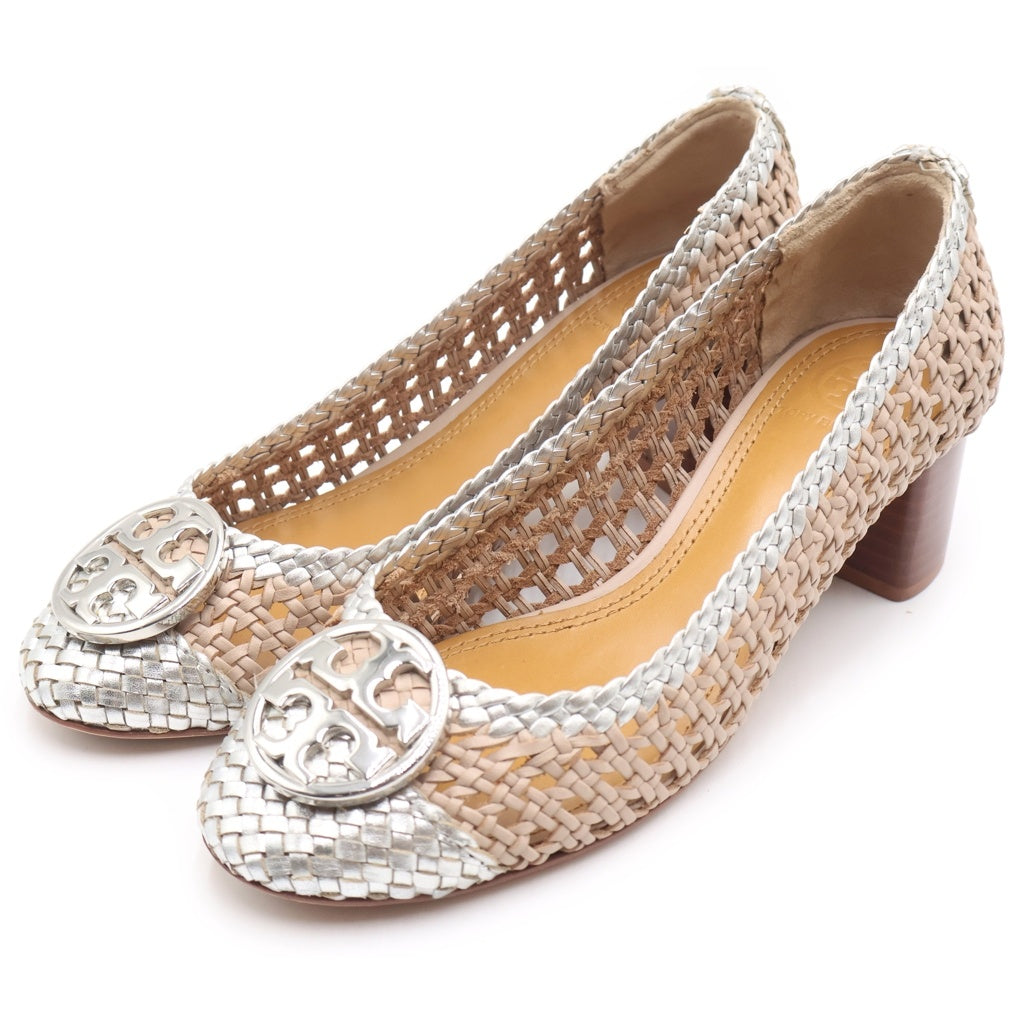 TORY BURCH(トリー バーチ) ロゴプレート 編み込みレザー ヒール パンプス シューズ シルバー/ベージュ レディース