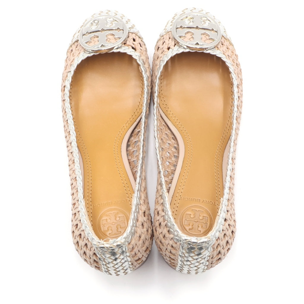TORY BURCH(トリー バーチ) ロゴプレート 編み込みレザー ヒール パンプス シューズ シルバー/ベージュ レディース