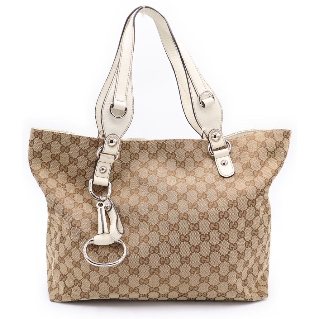 GUCCI(グッチ) GGキャンバス ハンドバッグ トートバッグ ホワイト×ブラウン キャンバス×レザー 229852 シルバー金具 レディース