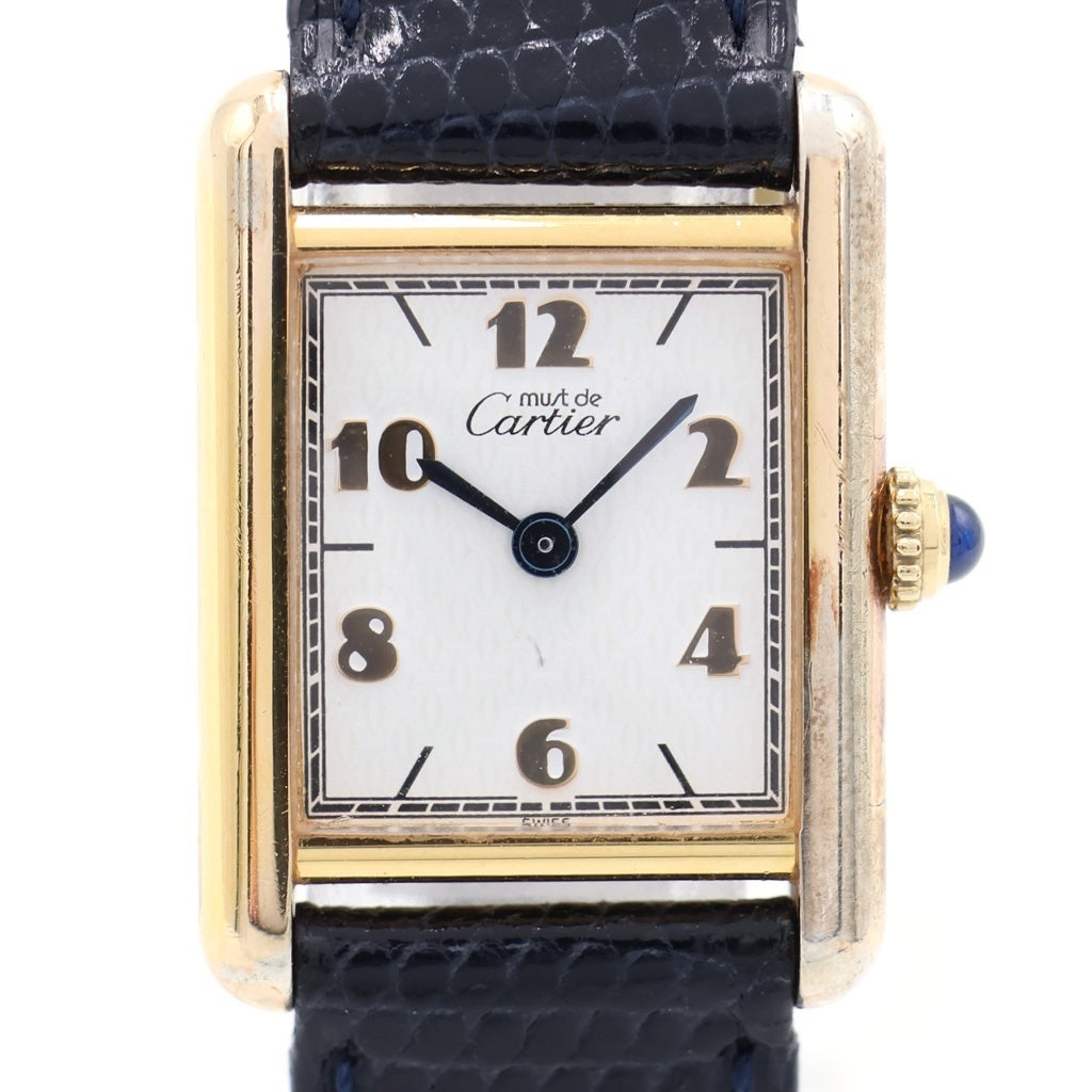 Cartier(カルティエ) マストタンクSM シルバーギルト ホワイト文字盤 レザーベルト クォーツウォッチ 腕時計 ゴールド/ブラック W1008354 レディース