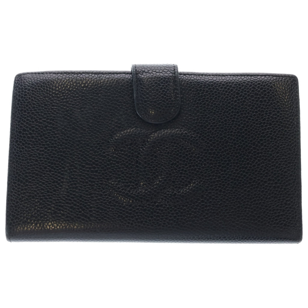CHANEL(シャネル) ココマーク キャビアスキン レザー がま口 二つ折り 長財布 ブラック レディース