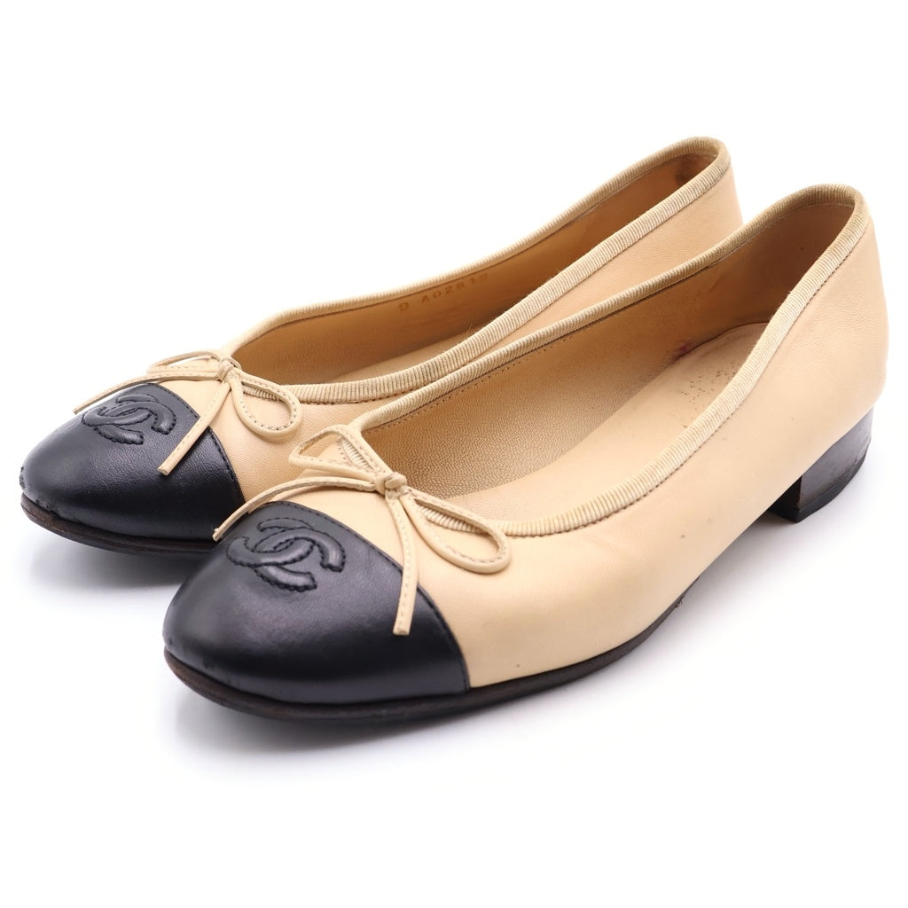CHANEL(シャネル) ココマーク リボン バレエシューズ ベージュ×ブラック #36 1/2 A02819 レディース